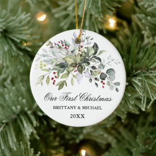 Ornamento De Cerâmica A nossa primeira aquarela de Natal, Greenery Berri