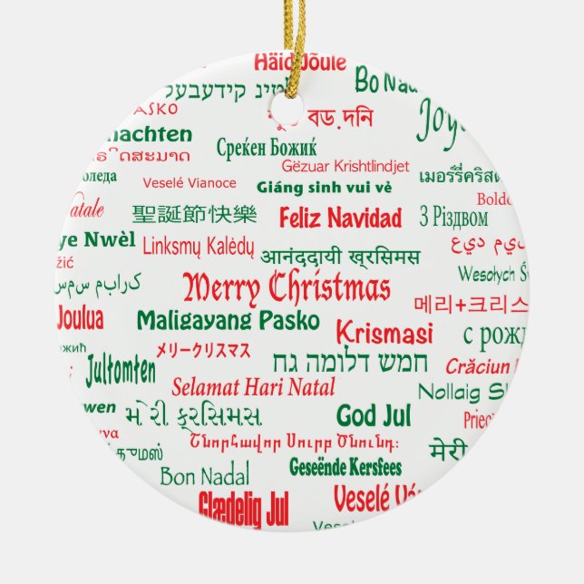 Ornamento De Cerâmica A paz coexiste Feliz Natal feliz muitas línguas (Frente)