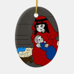 Ornamento De Cerâmica A pequena Mary e o bebê Jesus de vermelho