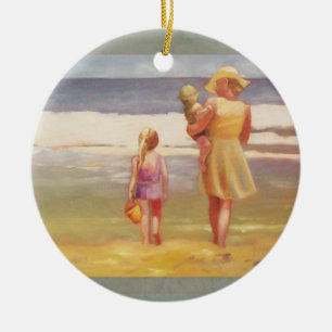 Ornamento De Cerâmica A praia acena com crianças e mamã