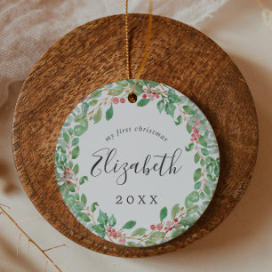 Ornamento De Cerâmica A primeira foto de Natal do Bebê Greenery