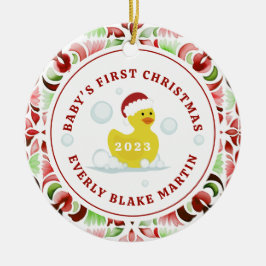 Ornamento De Cerâmica A primeira foto de Natal do Bebê Pato de Borracha