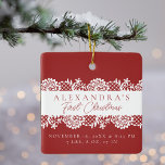 Ornamento De Cerâmica A primeira foto de Natal do Elegante White Lace Ba<br><div class="desc">A primeira foto de Natal e natalidade de um bebê simples e elegante mantém o ornamento de fotos. O design apresenta um elegante Design de renda branca falso. Personalize com o nome do bebê, data, hora e estatísticas de nascimento e adicione a foto do seu bebê à parte de trás...</div>