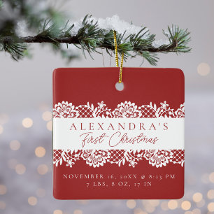 Ornamento De Cerâmica A primeira foto de Natal do Elegante White Lace Ba