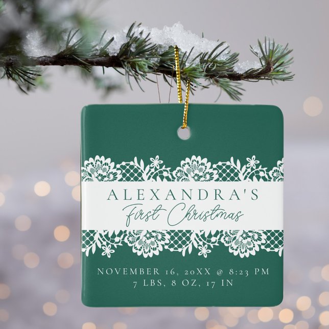Ornamento De Cerâmica A primeira foto de Natal do Elegante White Lace Ba (Elegant White Lace Baby's First Christmas Photo Ceramic Ornament)