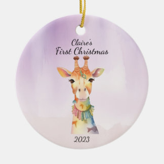 Ornamento De Cerâmica A Primeira Girafa de Natal do Bebê, Roxo Personali