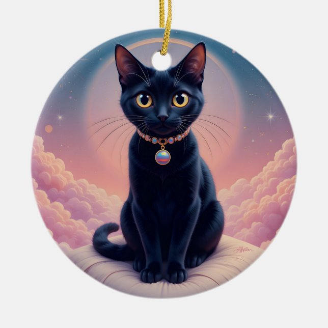 Ornamento De Cerâmica A Rainha Do Céu Do Gato Preto (Frente)