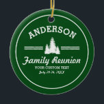 Ornamento De Cerâmica A reunião de família retro ou tropeça pinheiros<br><div class="desc">O design perfeito para sua reunião de família - características um logotipo branco com 3 pinheiros e seu nome. Personalize mais com 3 linhas de texto feito sob encomenda - adicione de "a reunião família, viagem da família, lugar, data, a mudança etc. a cor do fundo clicando em "personaliza o"...</div>