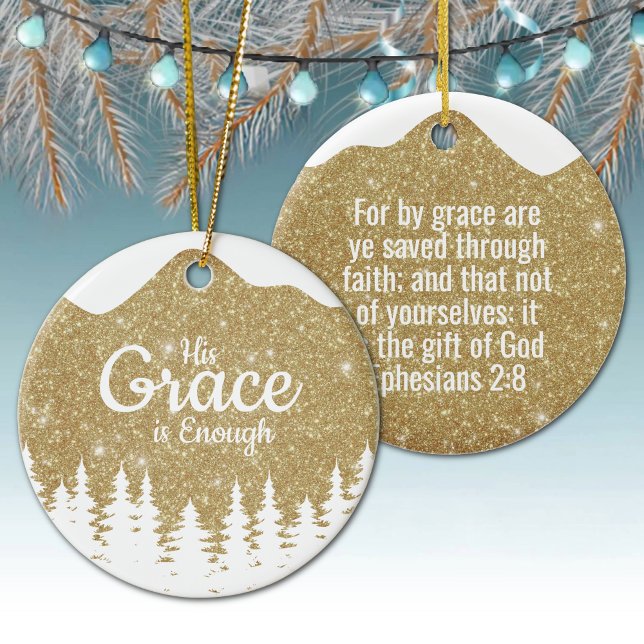 Ornamento De Cerâmica A Sua Graça é Suficiente Passagem Divina ⛪️ 🎄 (Personal His Grace is Enough, Religious Holiday Snow Ceramic Ornament Golden snowy white trees 🌲✞)