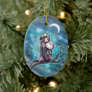 Ornamento De Cerâmica A Winter Night Fairy and Owl Fantasy Art