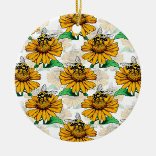 Ornamento De Cerâmica Abelha na Design de padrão de flores de girassol