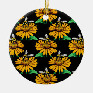 Ornamento De Cerâmica Abelha sobre Flor de Girassol Design Preto