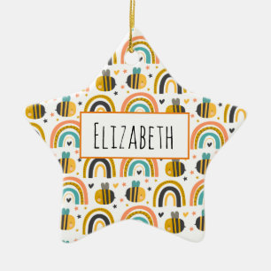 Ornamento De Cerâmica Abelhas de Bumble Cute e Rainbows Padrão