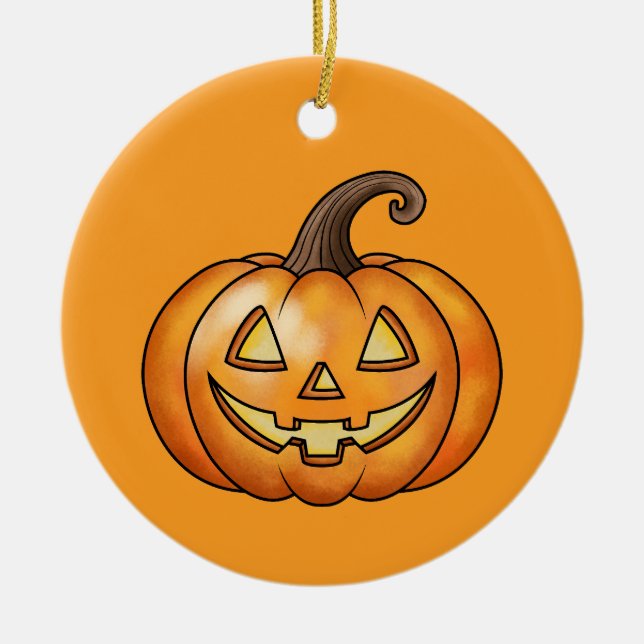 Ornamento De Cerâmica Abóbora De Cartoon Laranja Com Halloween De Texto  (Frente)