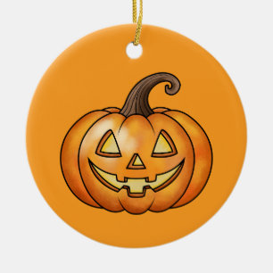 Ornamento De Cerâmica Abóbora de desenho animado laranja com texto perso