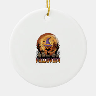 Ornamento De Cerâmica Abóbora de Halloween Bruxa Chapéu Gato Preto Lua C