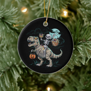 Ornamento De Cerâmica Abóbora de Halloween com Esqueleto Montando Dinoss