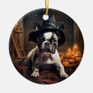 Ornamento De Cerâmica Abóboras Assustadoras de Halloween do Bulldog Fran