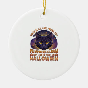 Ornamento De Cerâmica Abóboras Brilham Gato Preto do Halloween Folhas Ca