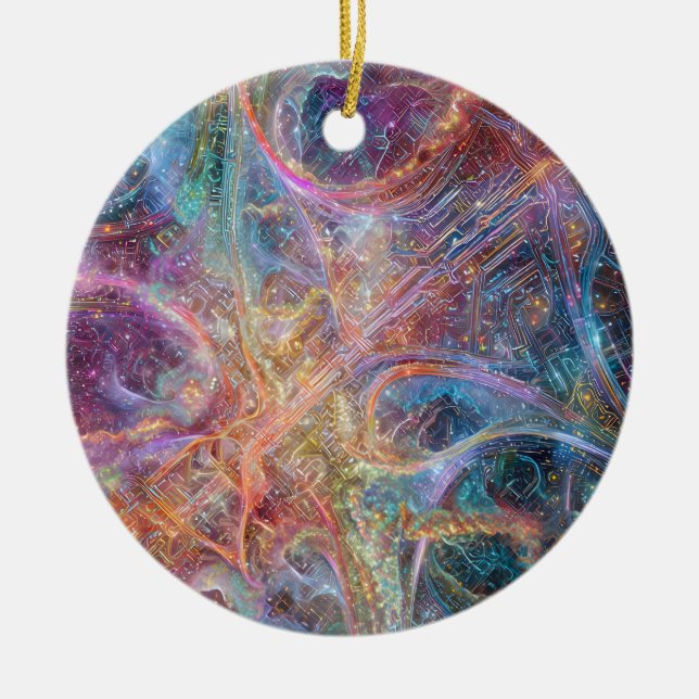 Ornamento De Cerâmica Abstract Glowing Digital Neural Network and Cosmic (Frente)