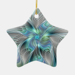 Ornamento De Cerâmica Abstrato Azul Borboleta Verde Fantasia Arte Fracta