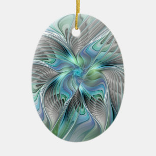 Ornamento De Cerâmica Abstrato Azul Borboleta Verde Fantasia Arte Fracta