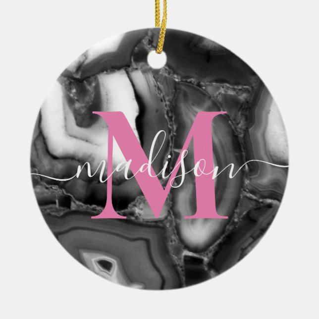 Ornamento De Cerâmica Abstrato Black White agia script de monograma de g (Frente)