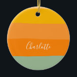Ornamento De Cerâmica Abstrato Color Block Stripes Laranja Personalizada<br><div class="desc">Este ornamento personalizado traz tons quentes e terríveis ao seu decoro de férias com seu gradiente caloroso de amarelo mostarda, laranja e verde-sábio. O design minimalista é elevado com uma escrita elegante, fazer-o como um guardião do eterno. Perfeito para celebrar alguém especial ou adicionar um toque de encanto pessoal à...</div>