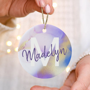 Ornamento De Cerâmica Abstrato de Aquarela Roxa Monograma de luxo Rústi