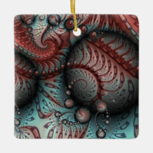 Ornamento De Cerâmica Abstrato Fantasy Fractal Balls Brown Blue Square