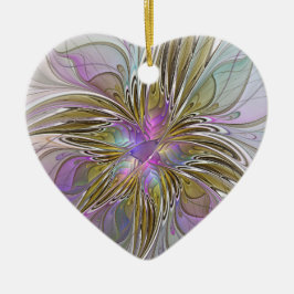 Ornamento De Cerâmica Abstrato Fractal, Colorida Floral, Rosa e Dourado