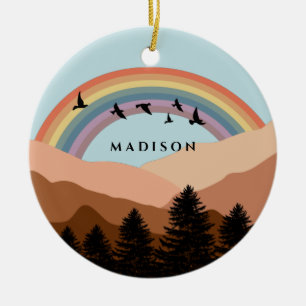 Ornamento De Cerâmica Abstrato Paisagem Árvores Florestais Arco-Íris e P