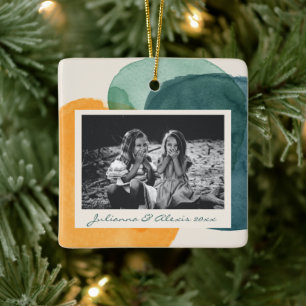 Ornamento De Cerâmica Abstrato Watercolor Forma o Nome da Foto Azul Teal