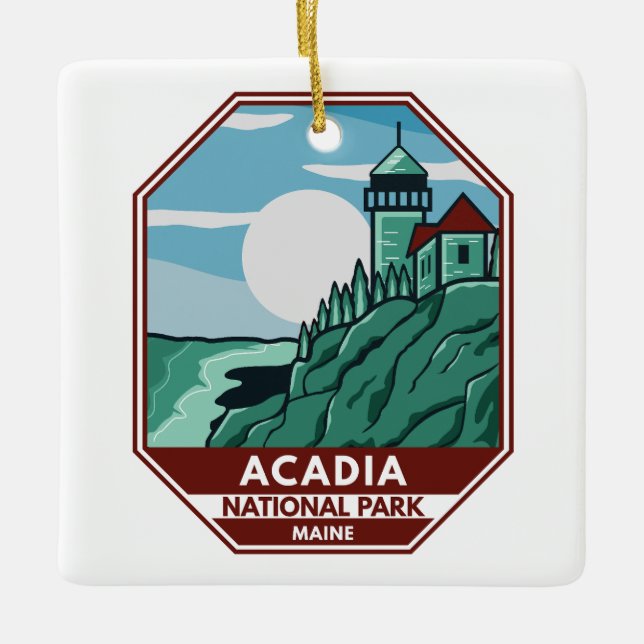 Ornamento De Cerâmica Acadia National Park Maine Lighthouse Retro Emblem (Frente)
