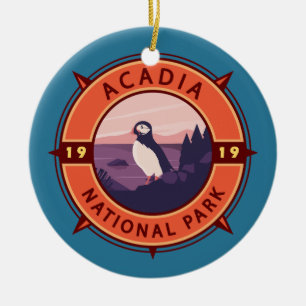 Ornamento De Cerâmica Acadia National Park Puffin Retro Compass Emblem