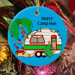 Ornamento De Cerâmica Acampamento Personalizado Preso Natal<br><div class="desc">Enfeites de natal de acampamento temático,  vermelho e verde,  de acampamento de RV vermelho e verde. A mão desenhou um adorável ornamento de feriado personalizado. Acampamento na praia no Natal.</div>