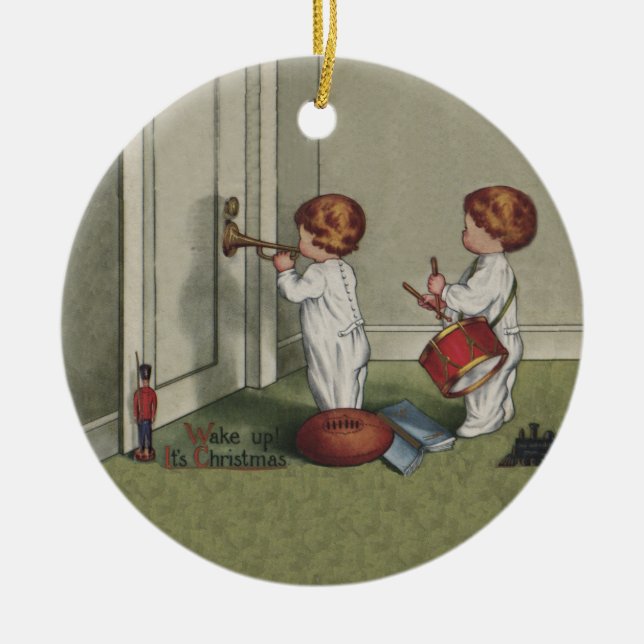 Ornamento De Cerâmica Acordar Sua linda ilustração infantil de Natal (Frente)