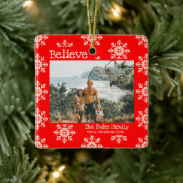 Ornamento De Cerâmica Acredite na foto da família Red Snowflakes Natal