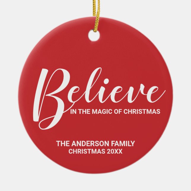 Ornamento De Cerâmica "Acredite na magia do Natal" Vermelho Festivo (Frente)