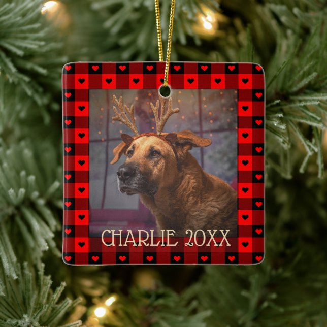 Ornamento De Cerâmica Acutimados Corações Xadrez de Búfalo Personalizado (Árvore)