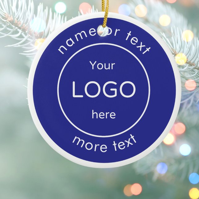 Ornamento De Cerâmica Add your logo blue Business Christmas Ornament (Criador carregado)