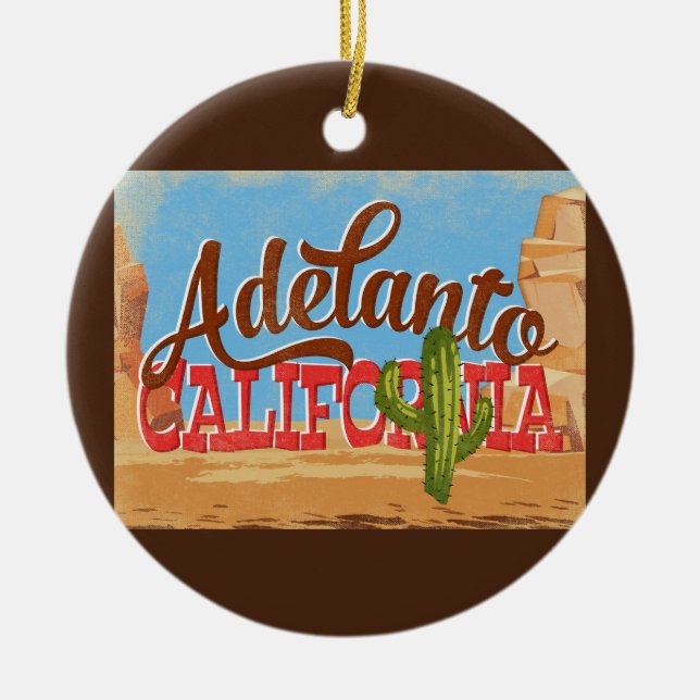 Ornamento De Cerâmica Adelanto California Cartoon Desert Retro Viagem (Frente)