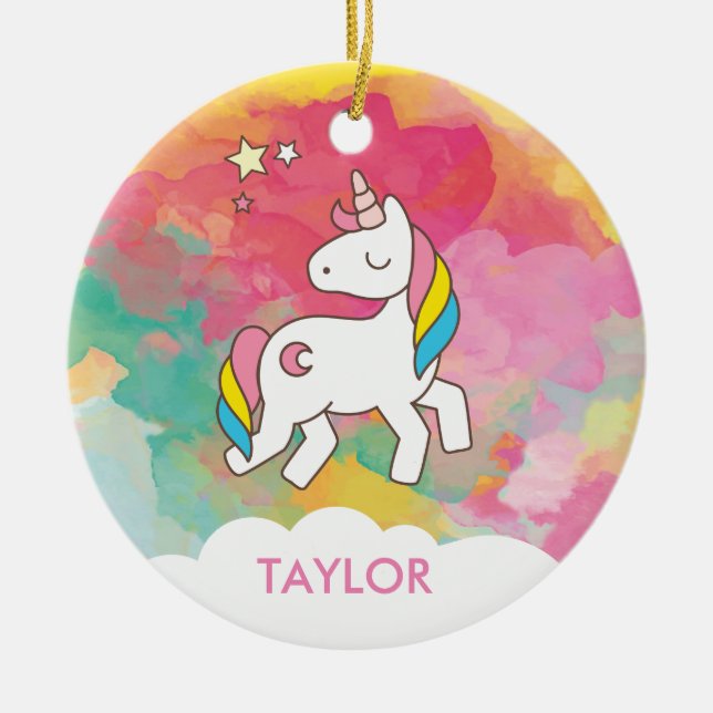 Ornamento De Cerâmica Adicionar seu nome Cute Magical Unicorn Personaliz (Frente)