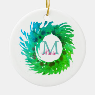 Ornamento De Cerâmica Adicionar uma coroa verde de Natal verde-rosa com