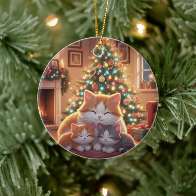 Ornamento De Cerâmica Adorable Cartoon Cat Family Christmas Tree  (Árvore)