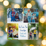 Ornamento De Cerâmica Adoramos A Colagem De Fotos Personalizada De Crian<br><div class="desc">Este Enfeites de natal bonito, personalizado, de dois lados apresenta um layout moderno de 4 fotos da família em um fundo branco com tipografia azul Lendo We Love You Avô. Este belo presente de fotos de netos apresenta sua própria colagem de fotografias em torno de sua mensagem e nomes personalizados....</div>