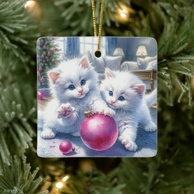 Ornamento De Cerâmica Adoráveis Gatinhos Brancos Rosa Natal Personalizad (Árvore)