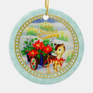Ornamento De Cerâmica Adorável Carrinho de Flores e Rena de Natal Vintag