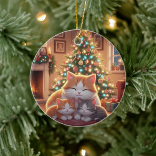 Ornamento De Cerâmica Adorável Família de Gatos de Desenho Animado na Ár