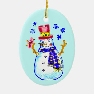 Ornamento De Cerâmica Adorno Amigo Passarinho Boneco de Neve